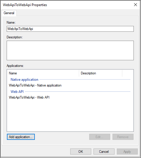 Capture d’écran de la boîte de dialogue Propriétés de WebApiToWebApi montrant l’application WebApiToWebApi - API web répertoriée.