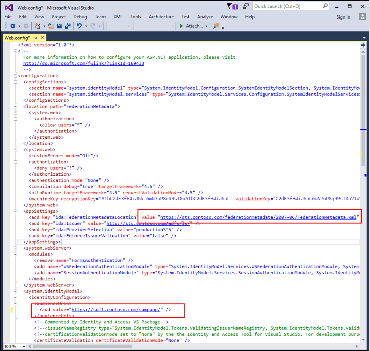 Capture d’écran de Visual Studio montrant le fichier de configuration web.