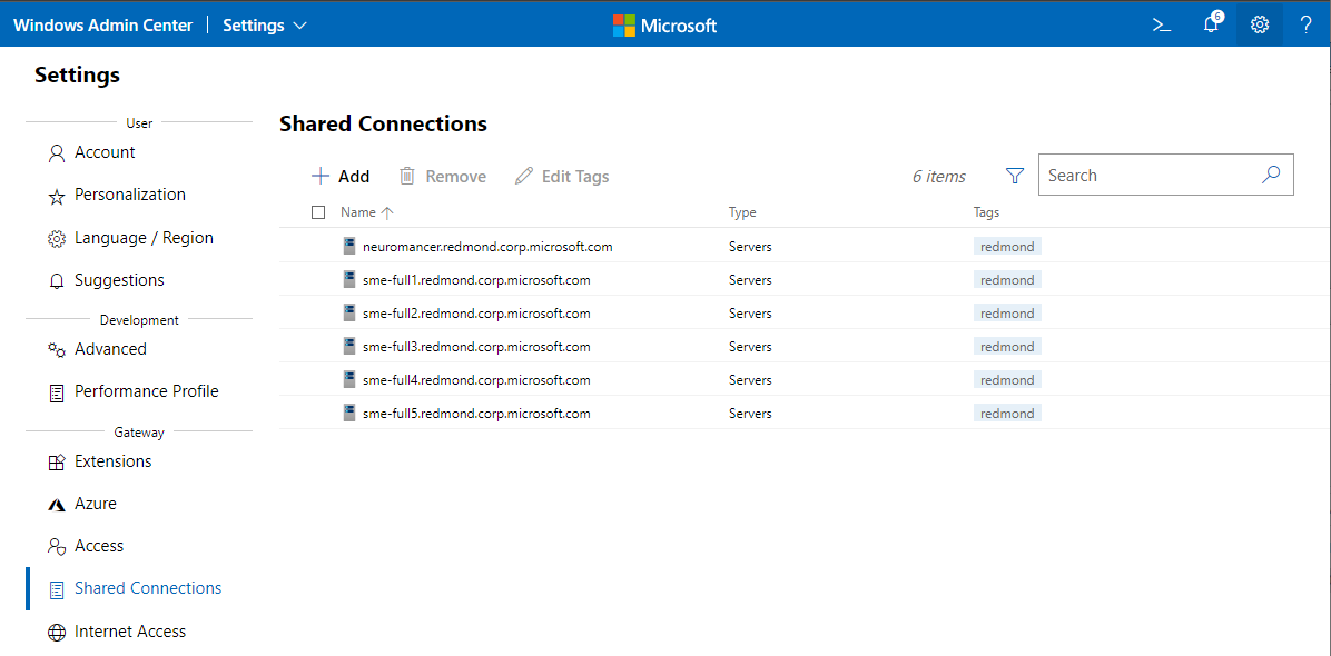 Windows Admin Center - Page Connexions partagées