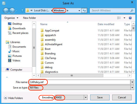 Save As location for the CAPolicy.inf file