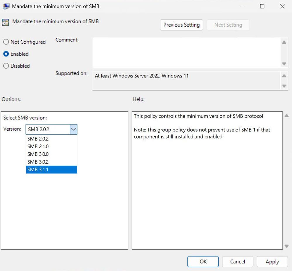 Capture d’écran montrant l’éditeur de stratégie de groupe et la sélection de la version SMB dans un menu déroulant.
