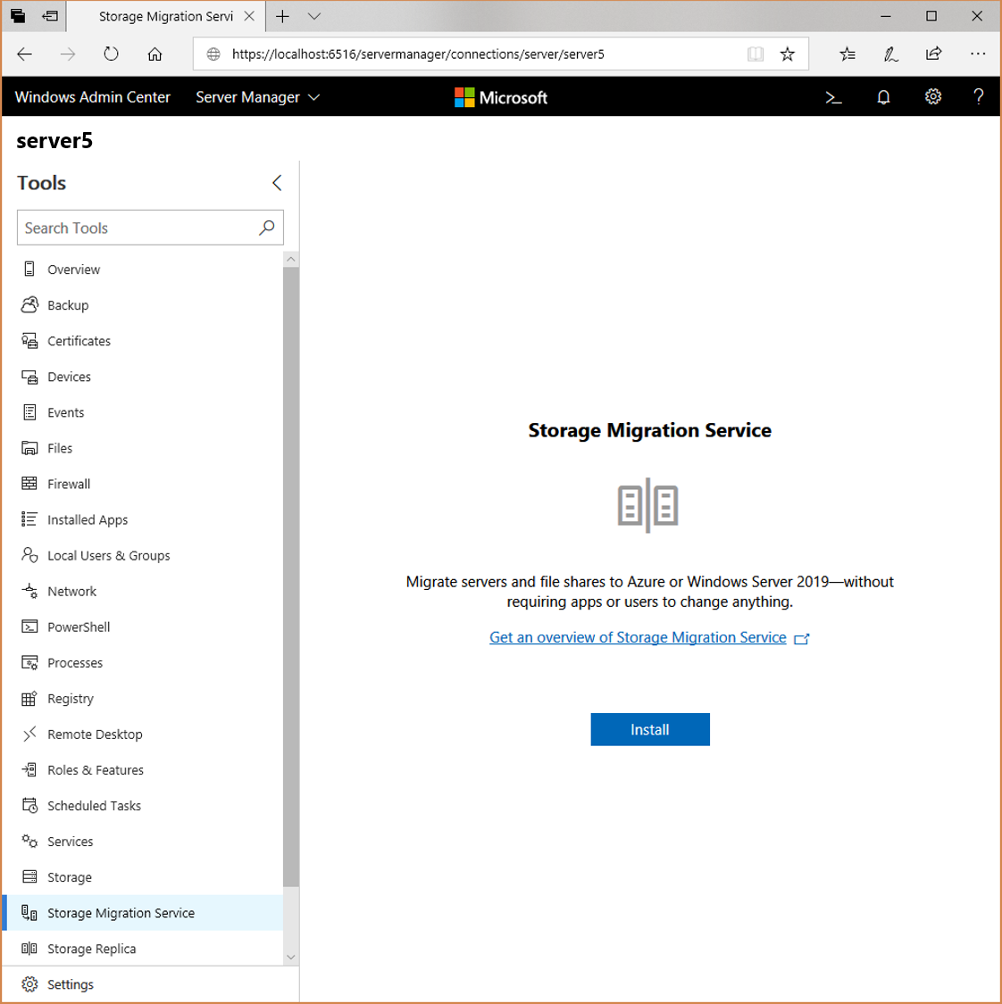 Capture d’écran de la page Service de migration de stockage montrant le bouton Installer.
