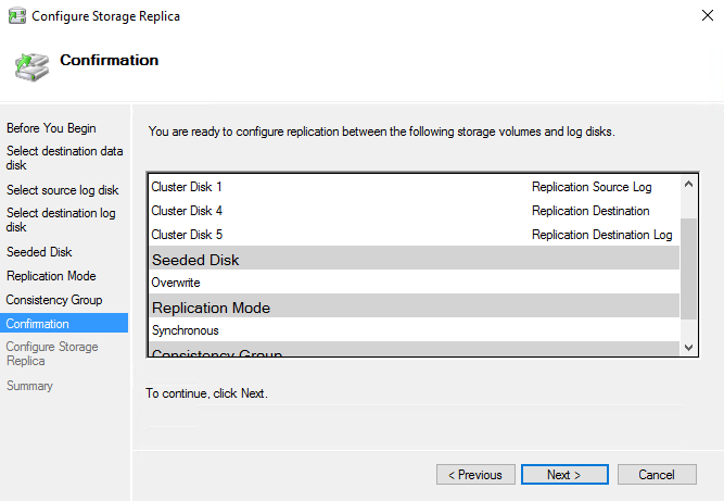 Écran montrant la page de confirmation de sélection de l’Assistant Configurer la réplication de stockage