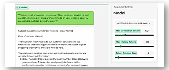 Capture d’écran d’un exemple de modèle ONNX DirectML LLM Chat UI.