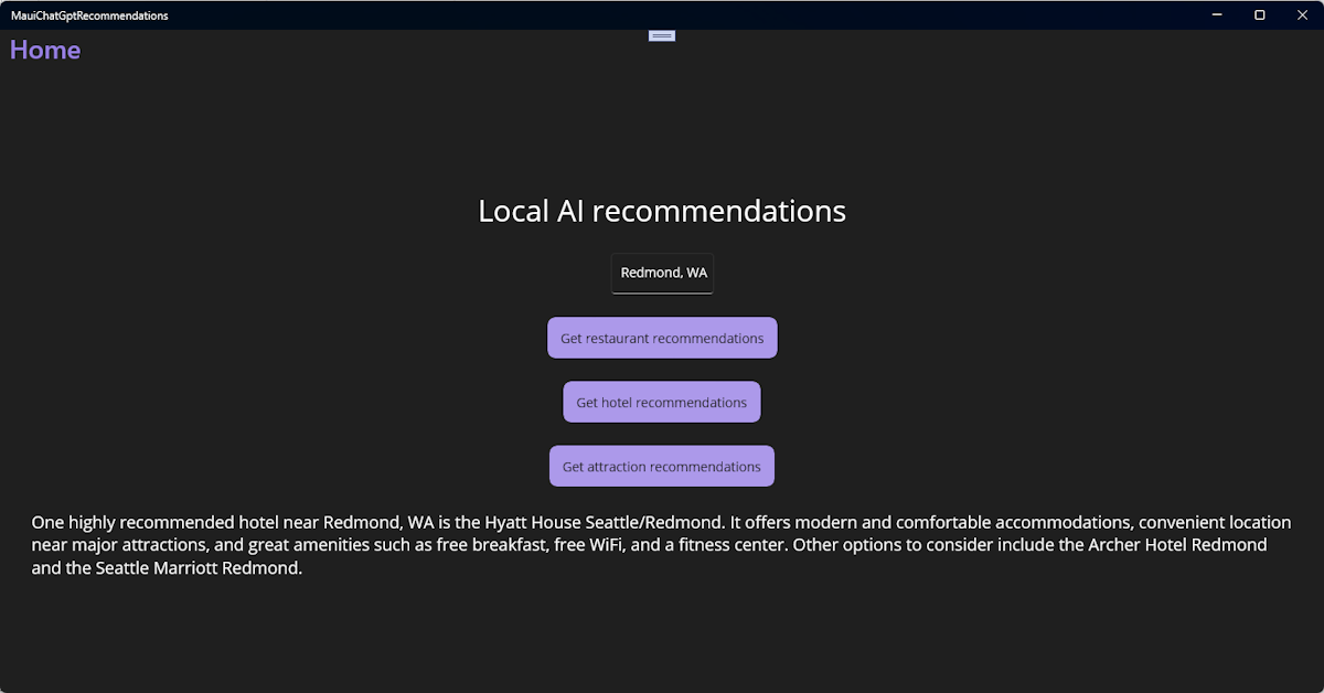Application MAUI Windows .NET avec l’interface utilisateur permettant de fournir des recommandations et des résultats de ChatGPT.