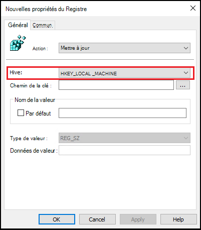 Capture d’écran du nouveau registre Fenêtre Propriétés mettant en évidence la valeur Hive définie sur HKEY_LOCAL_MACHINE.