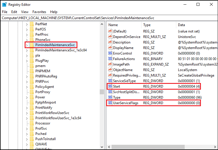 Capture d’écran du registre Rédacteur ouvert pour HKEY_LOCAL_MACHINE\System\CurrentControlSet\Services\PimIndexMaintenanceSvc mettant en évidence le paramètre UserServiceFlag défini sur 0.