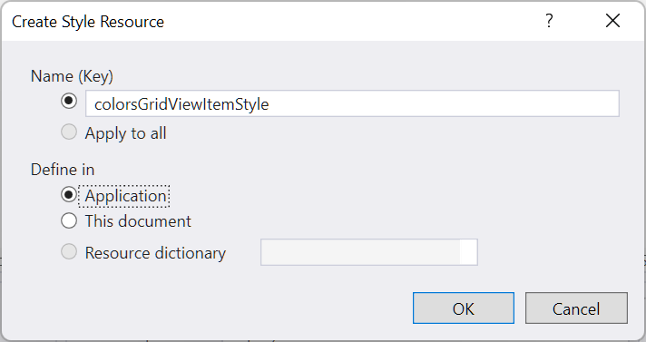 Boîte de dialogue Créer une ressource de style Visual Studio