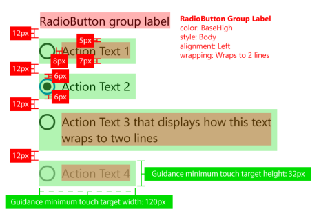 Image montrant les recommandations d’espacement des cases d’option