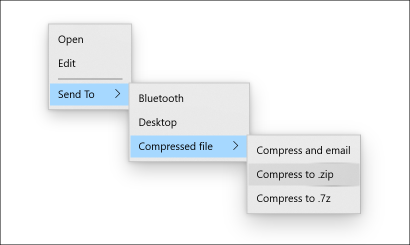 Capture d’écran de ThemeShadow appliqué à un MenuFlyout avec trois menus imbriqués ouverts.