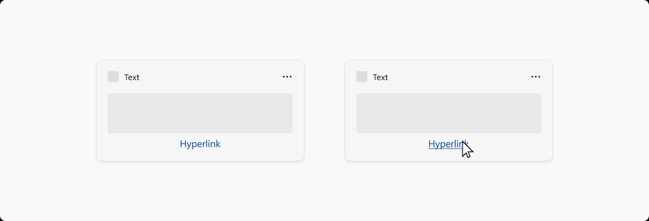 Deux images de widgets qui illustrent des liens hypertexte. La première image montre une chaîne de texte avec lien hypertexte. Le texte est simple. Dans la deuxième image, un curseur de souris pointe sur le lien hypertexte, ce qui entraîne le soulignement du texte.