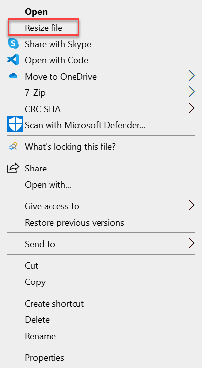 Capture d’écran de la commande Resize file dans le menu contextuel