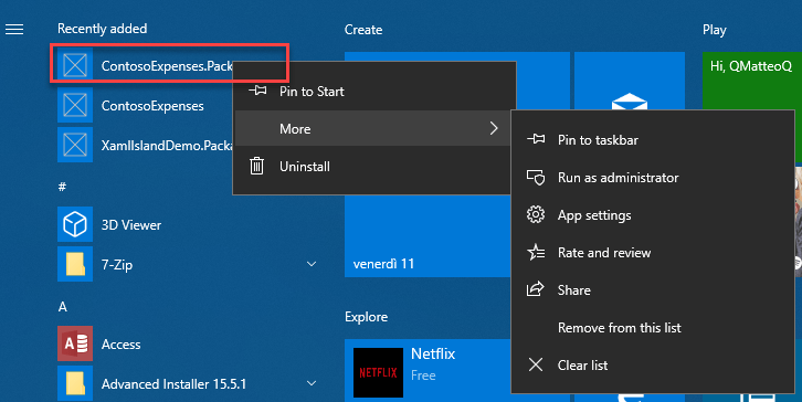 ContosoExpenses dans le menu Démarrer