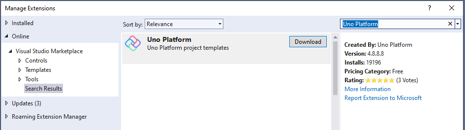 Fenêtre Gérer les extensions dans Visual Studio avec l’extension Uno Platform en tant que résultat de recherche