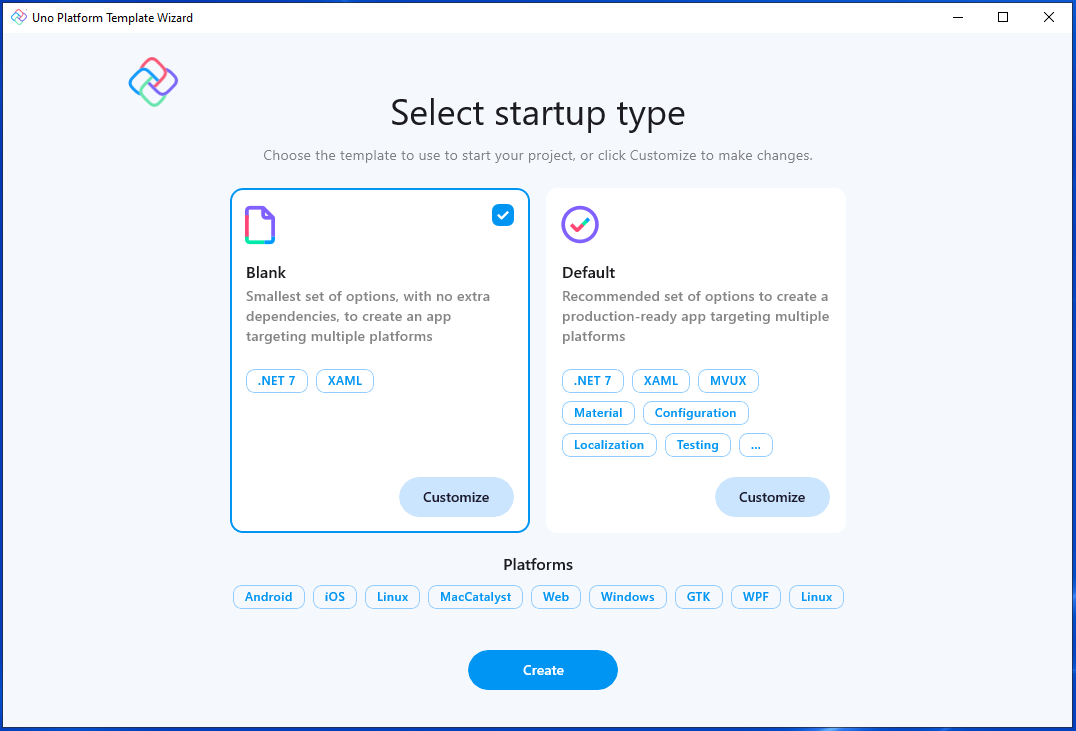 Modèle de solution Uno pour le type de démarrage du projet