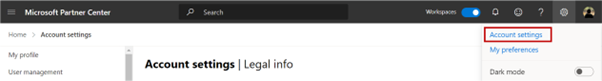 Capture d’écran montrant l’option Paramètres du compte dans le menu « Roue dentée » du Microsoft Partner Center.