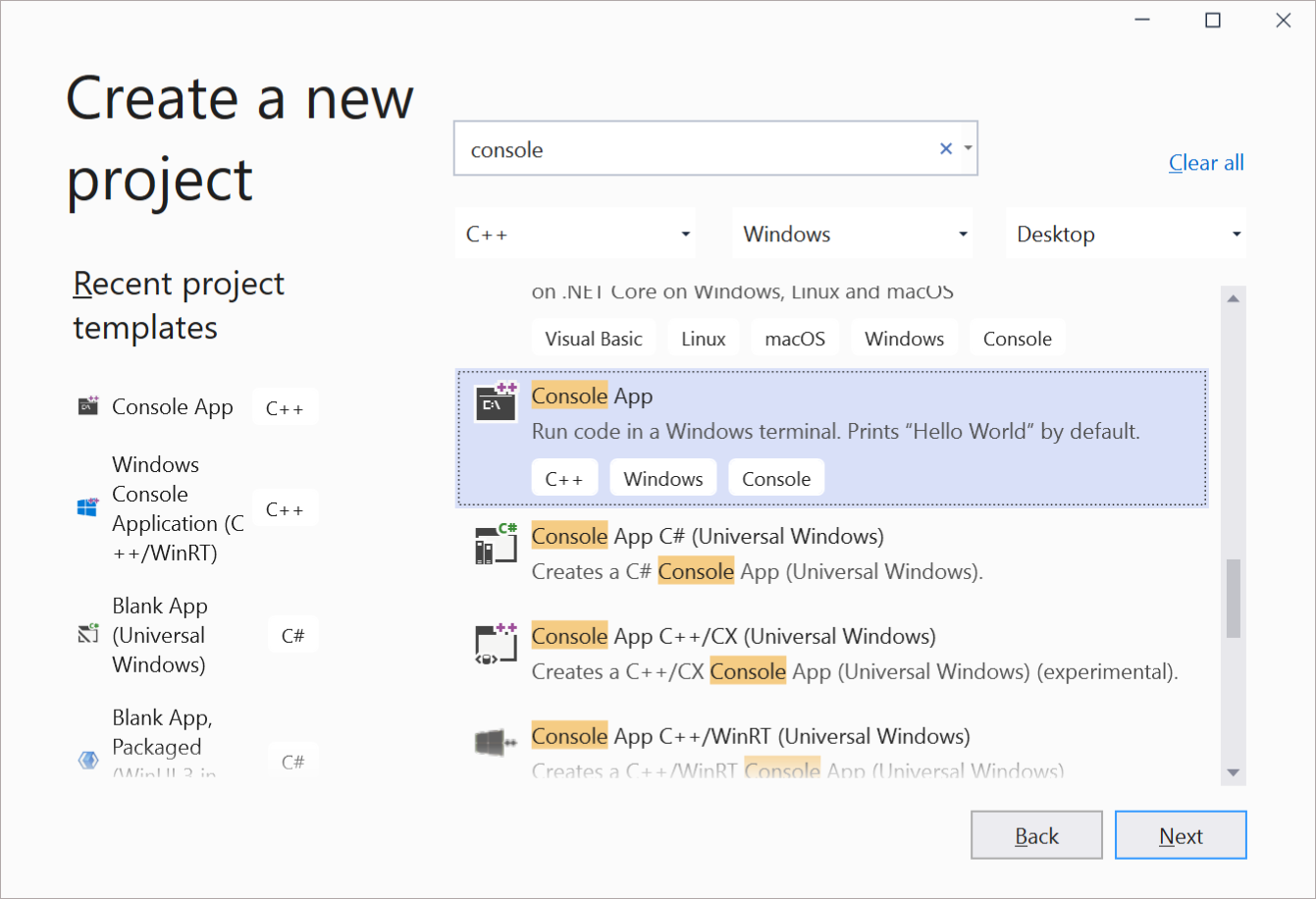 Capture d'écran de la création d'une nouvelle application C++ dans Visual Studio