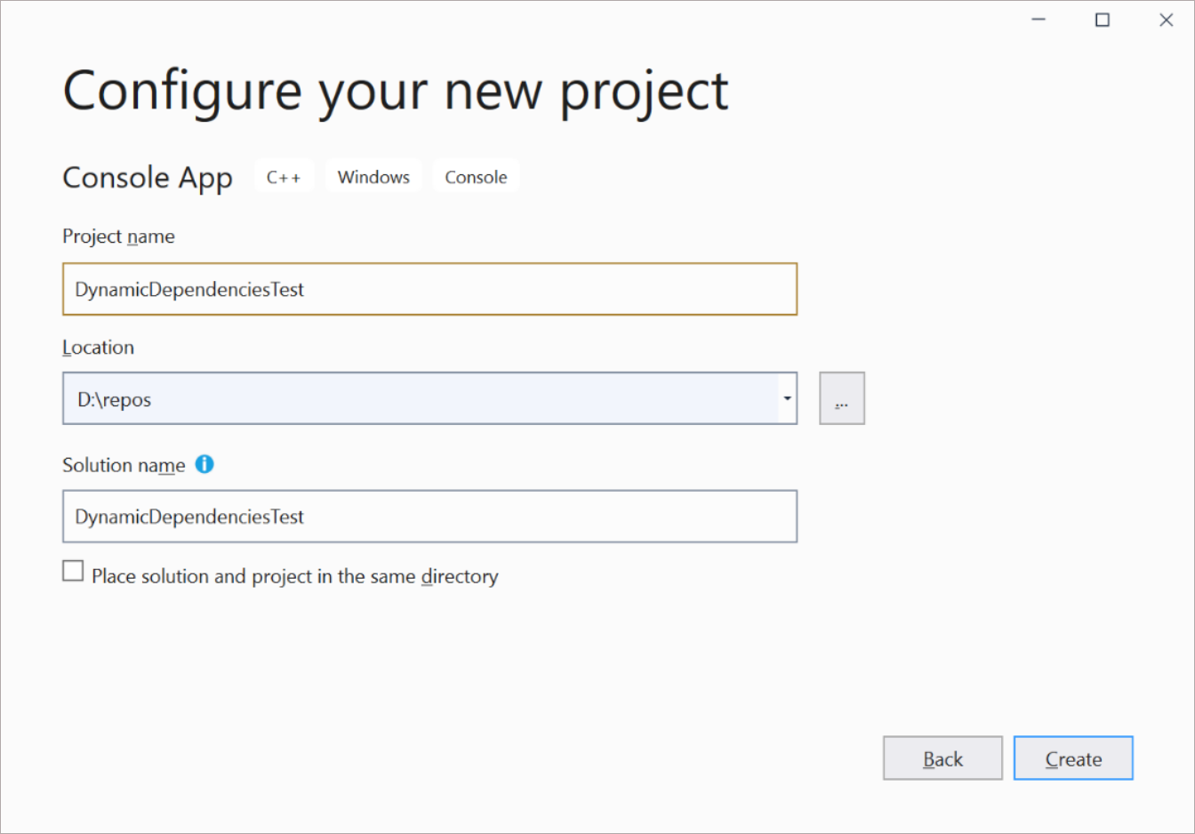 Capture d'écran de l'attribution d'un nom à une nouvelle application C++ dans Visual Studio