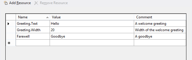 Capture d’écran de la table Ajouter une ressource du fichier Strings > E U S > Resources.resw.