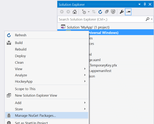 Capture d’écran du panneau Explorateur de solutions, montrant l’utilisateur cliquant avec le bouton droit sur le projet, et l’option Gérer les packages NuGet mise en évidence.