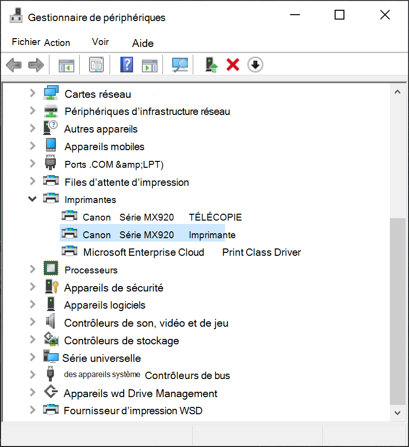 Sélection de l’imprimante dans Gestionnaire de périphériques.