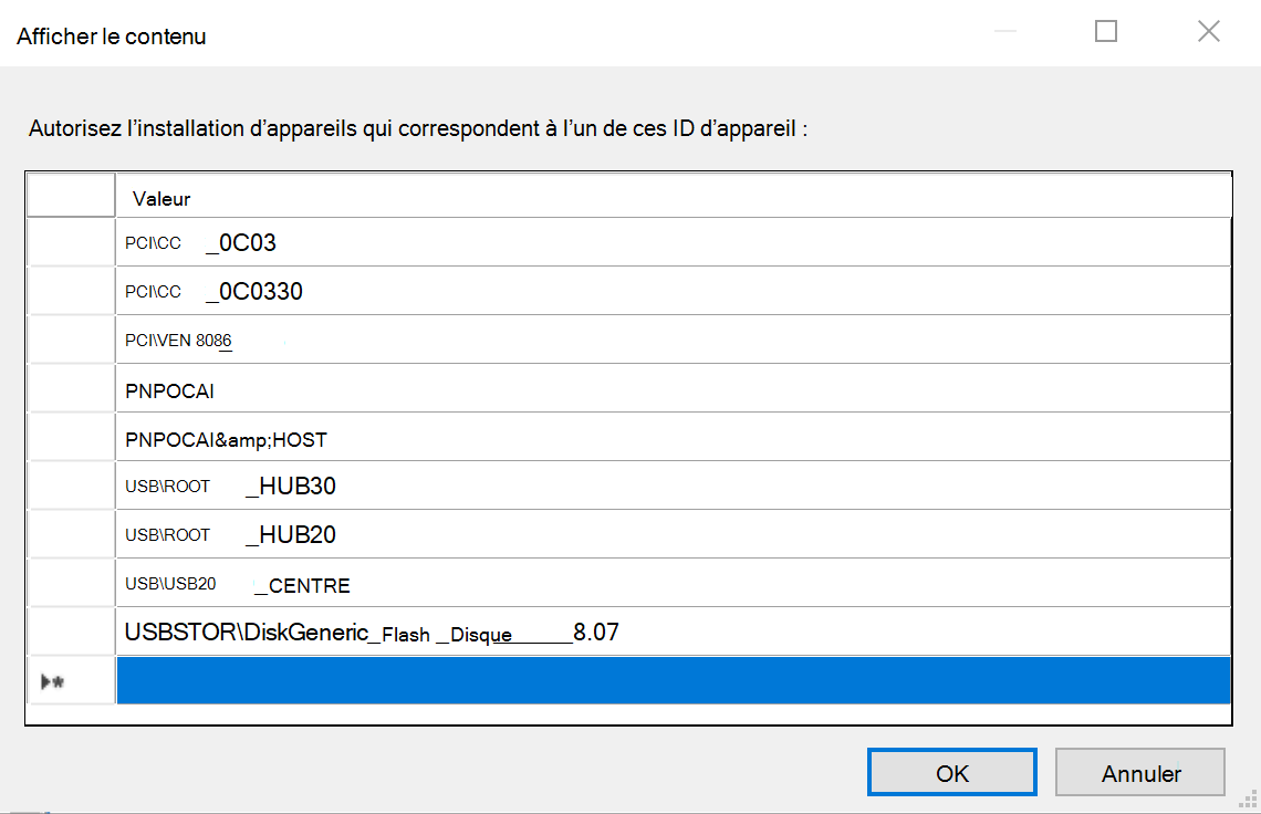 Image d’un exemple de liste d’appareils qui ont été configurés pour la stratégie « Autoriser l’installation d’appareils qui correspondent à l’un de ces ID d’appareil ».