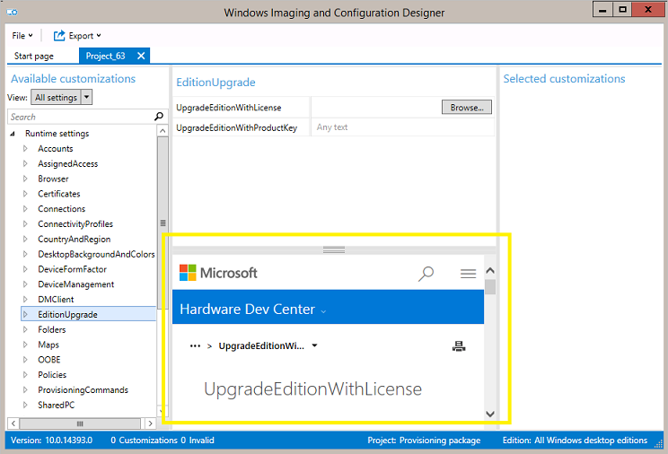 Le Concepteur de configuration Windows ouvre la rubrique de référence lorsque vous sélectionnez un paramètre.