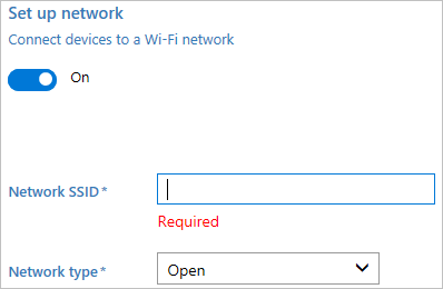 Dans le Concepteur de configuration Windows, activez la connectivité sans fil, entrez le SSID réseau et le type de réseau.