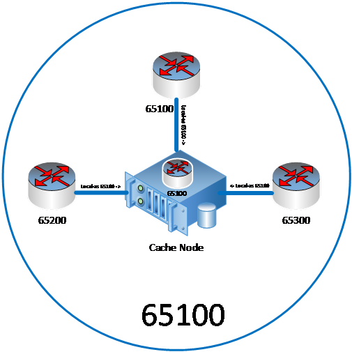 Diagramme qui montre la relation entre le nœud de cache et d’autres ASN/routeurs lors de l’utilisation de BGP. Le routage BGP permet au nœud de cache d’acheminer vers d’autres fournisseurs de réseau avec différents ASN.