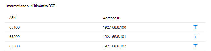 Capture d’écran d’une table intitulée BGP route information montrant comment chaque ASN correspond à une adresse IP spécifique.