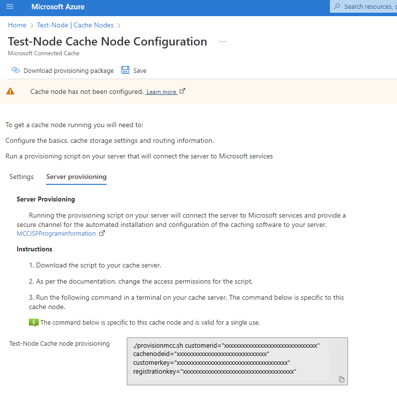 Capture d’écran de l’onglet d’approvisionnement du serveur dans la configuration du nœud de cache dans Portail Azure.