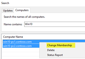 Sélectionnez Modifier l’appartenance pour rechercher plusieurs ordinateurs dans l’interface utilisateur.