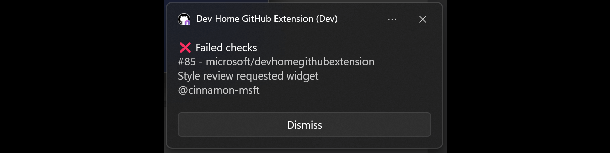 Capture d’écran de la notification Windows d’échec de vérification déclenchée par l’extension GitHub de Dev Home