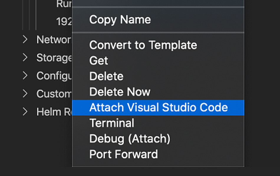 Capture d’écran de l’option Attacher Visual Studio Code de Docker