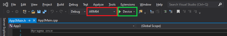 Capture d’écran de la solution Visual Studios avec les paramètres de plateforme et d’appareil mis en surbrillance