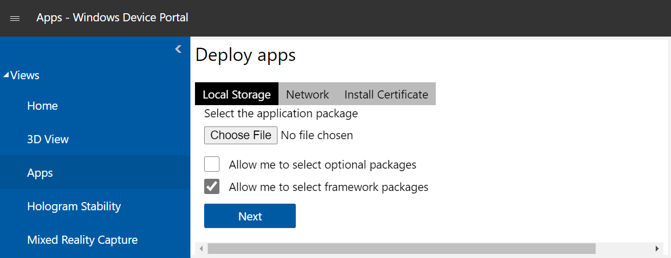 Capture d’écran de la page Gestionnaire d’applications ouverte dans le portail d’appareil Windows avec l’onglet Stockage local en surbrillance