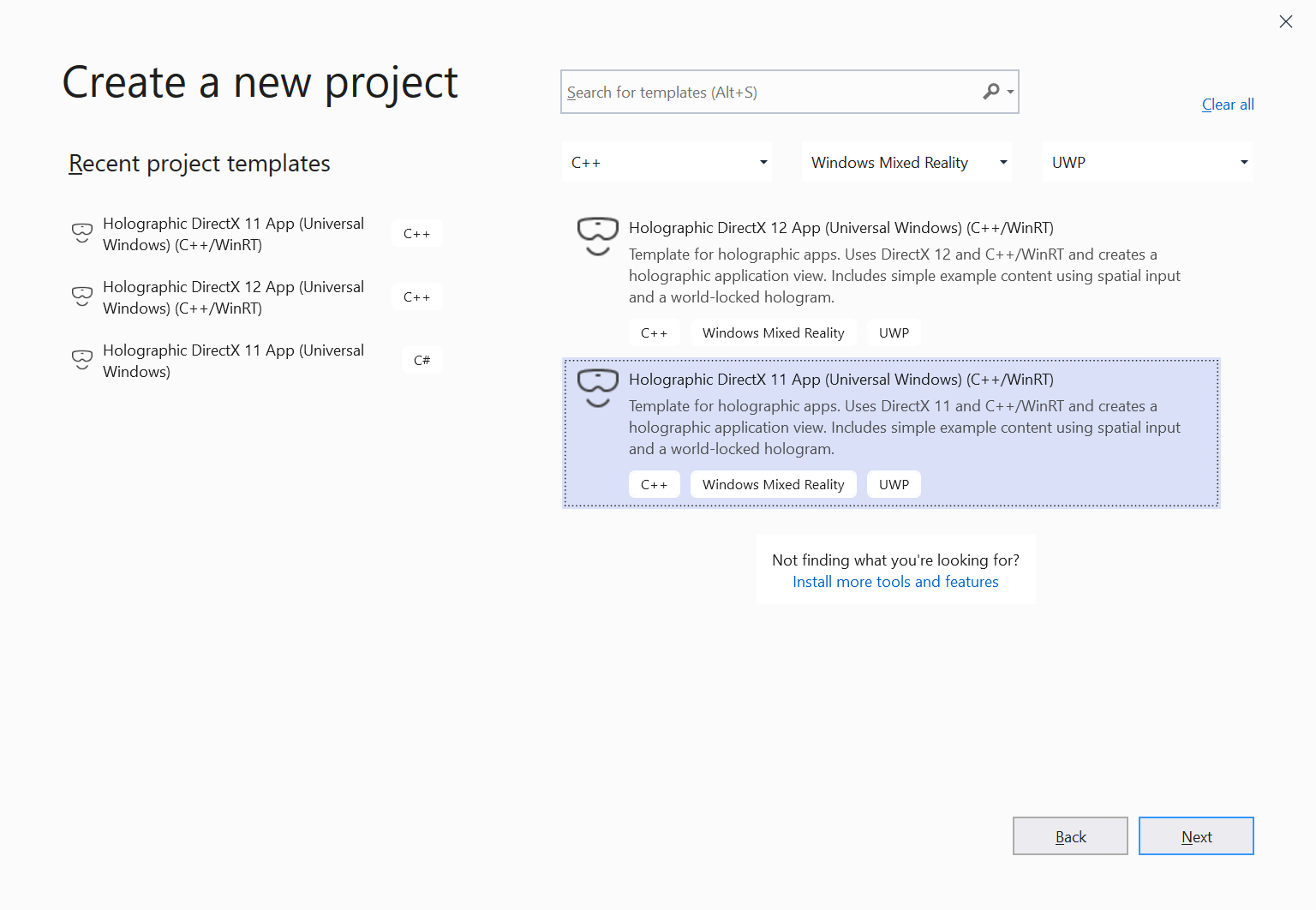 Capture d’écran du modèle de projet d’application UWP Holographic DirectX 11 C++/WinRT dans Visual Studio 2019