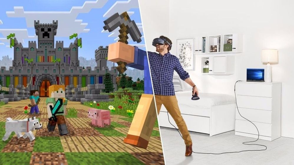 Capture d’écran de Minecraft joué par un utilisateur portant un casque de réalité mixte