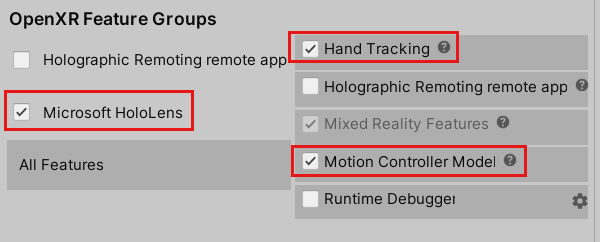 Capture d’écran des fonctionnalités sélectionnées pour OpenXR.