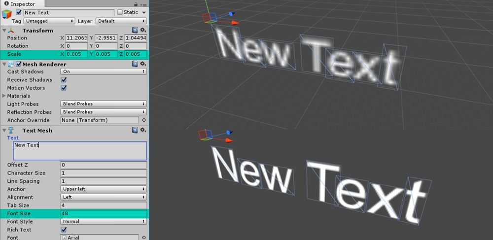 Maillage de texte Unity 3D avec des valeurs optimisées