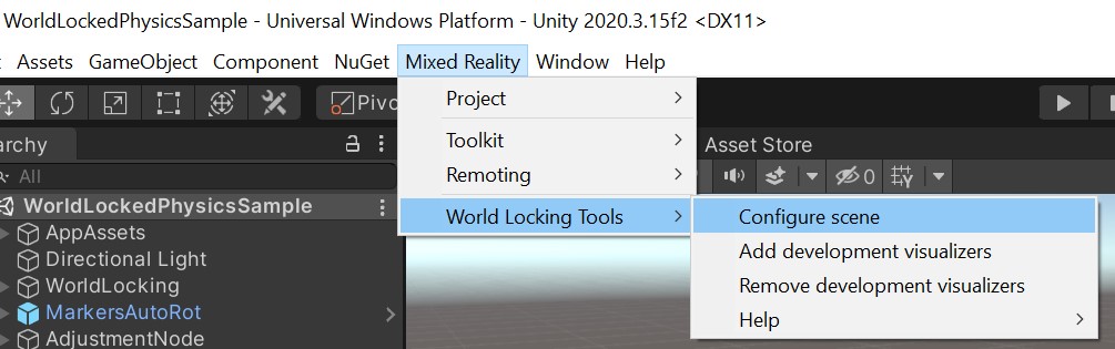 Éditeur Unity avec le menu Mixed Reality Toolkit sélectionné