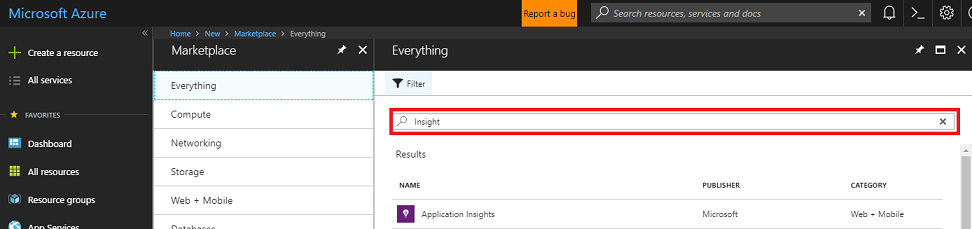 Capture d’écran montrant le portail Azure, Insight est mis en surbrillance dans le volet Tout.