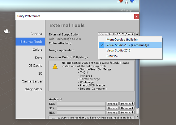 Capture d’écran montrant Visual Studio configuré en tant qu’éditeur de script externe.