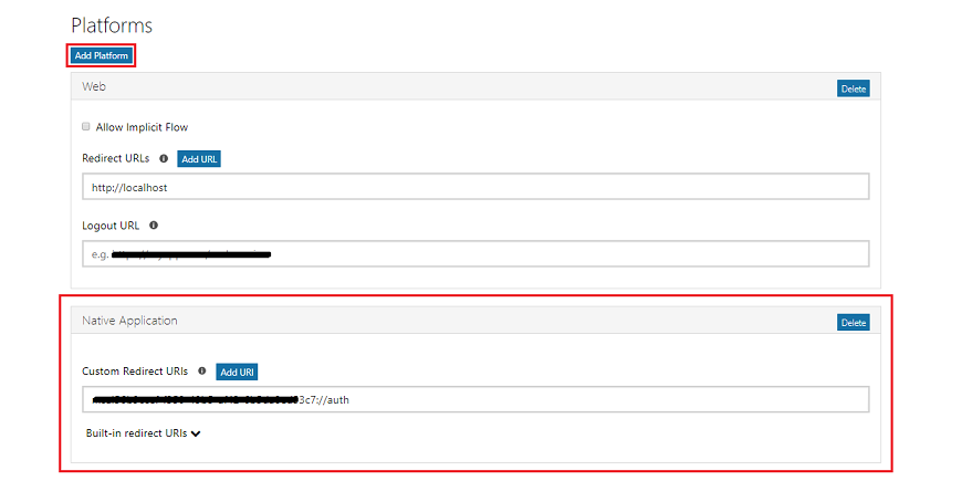 Capture d’écran mettant en évidence la section Application native.