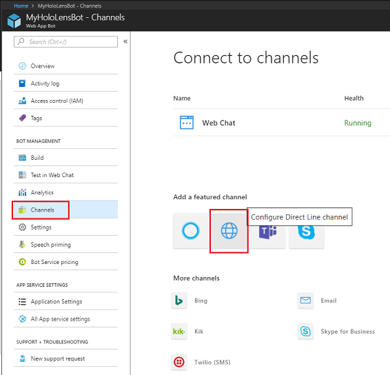 Capture d’écran montrant le canal Configurer Direct Line mis en surbrillance dans MyHoloLensBot.