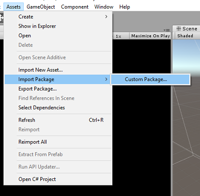 Capture d’écran montrant le menu déroulant Ressources avec « Importer le package », puis « Package personnalisé » sélectionné.