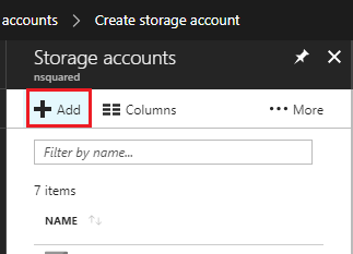 Capture d’écran de la fenêtre Microsoft Azure, qui montre l’écran Comptes de stockage et le bouton Ajouter mis en surbrillance.