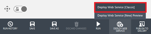 Capture d’écran du menu Expérience, qui montre l’élément de menu Deploy Web Service Classic mis en surbrillance à partir du bouton Déployer un service web.