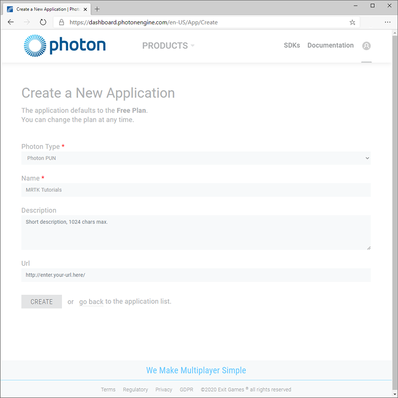 Page de création d’application de Photon