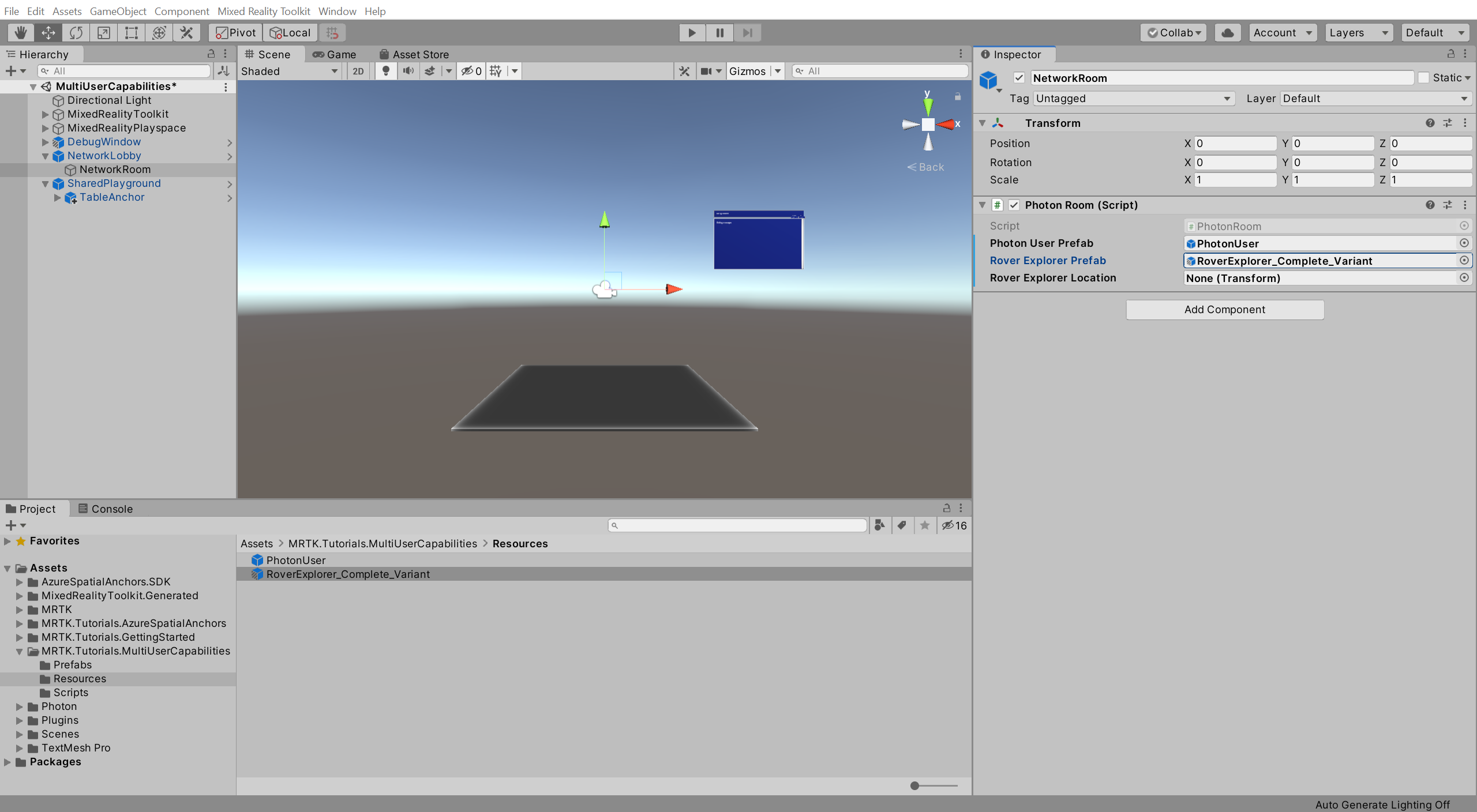 Unity avec le composant Photon Room partiellement configuré